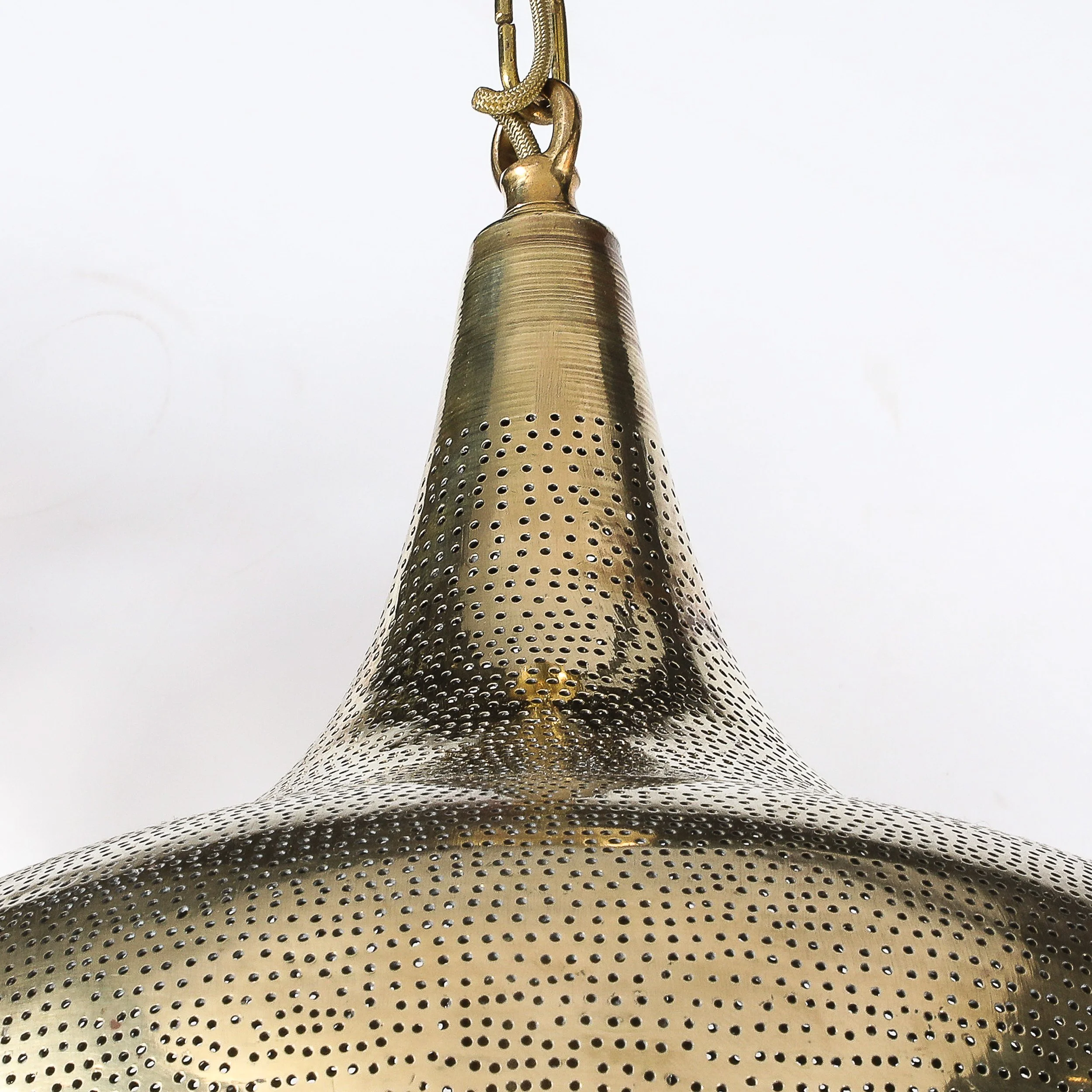 Mid-Century Teardrop Form Antique Brass Pendant w/ Pierced